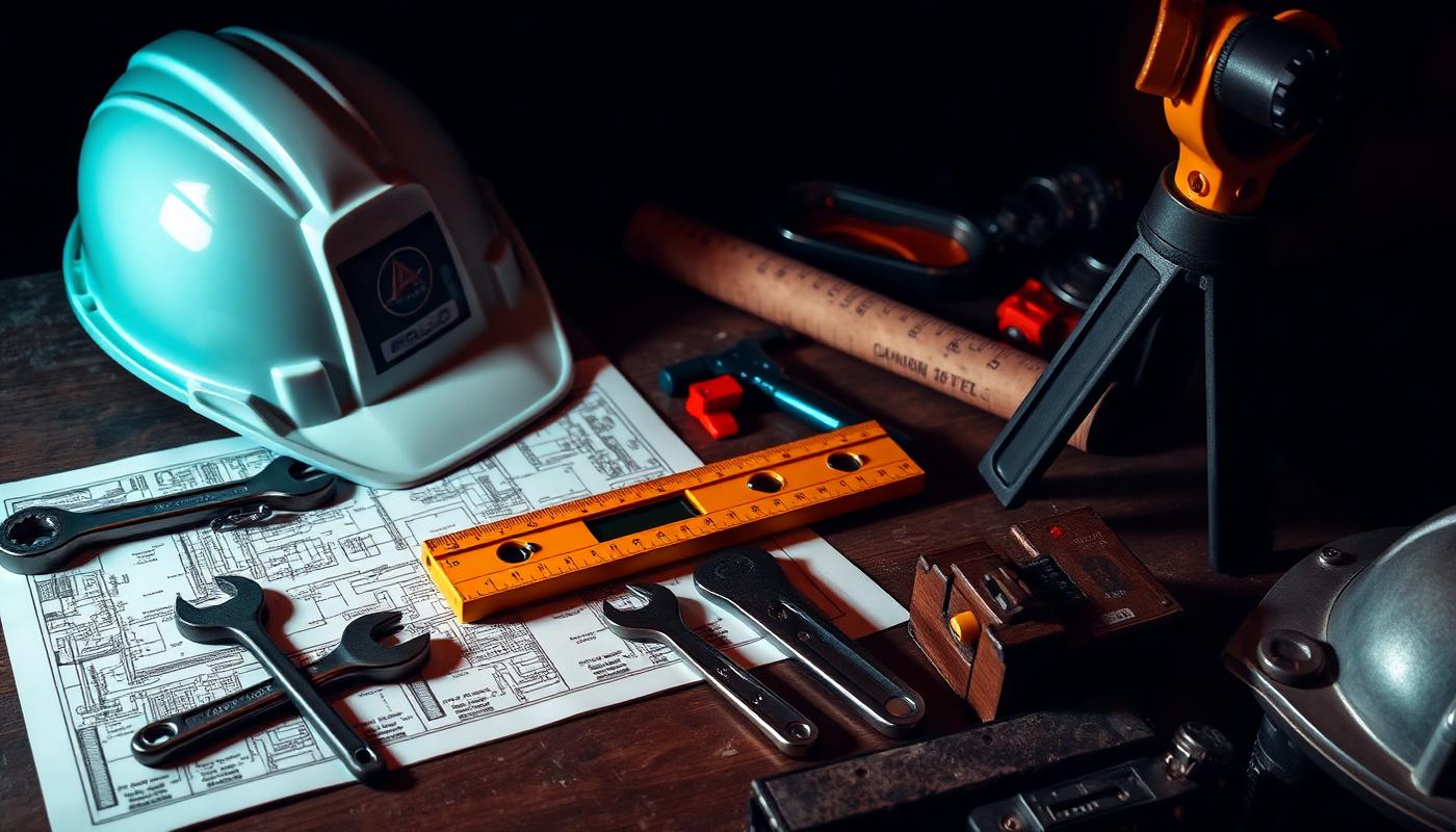 Construction tools, blueprints and survey equipment on a workbench